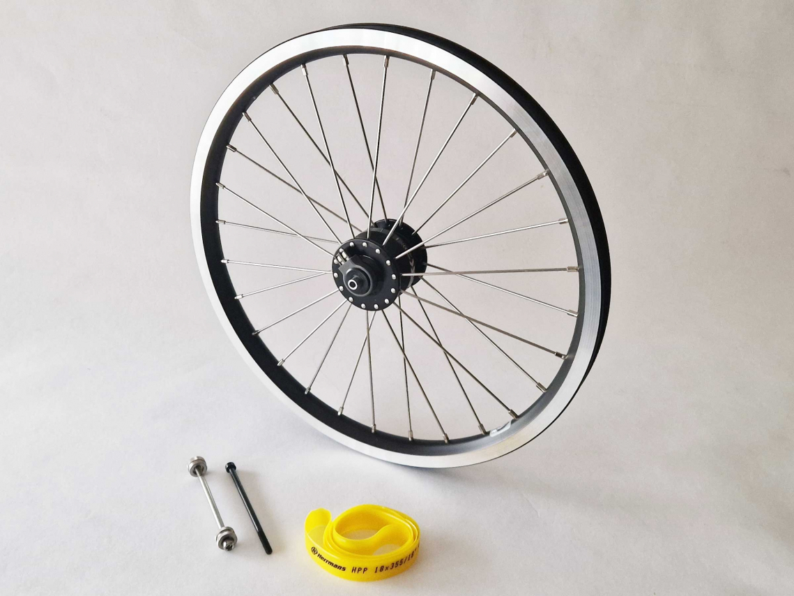 Brompton Voorwiel Naafdynamo SV8. Dubbelwandig Zwart-Zilver